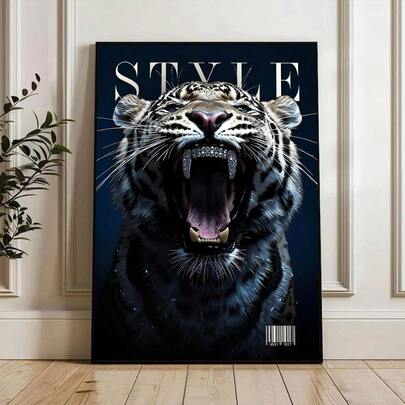 1幅装裱/未装裱海军蓝老虎时尚动物帆布海报，别致杂志Y2K学院风墙面艺术印刷品，简约少女风房间装饰，时尚画作，适用于宿舍、客厅、卧室、现代家居装饰