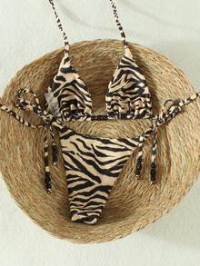 Women's Tiger Print Halter Bikini, Sexy Side Tie Split Vacation Two Pieces Swimsuit, 2026 Spring/Summer Fashion Beach Swimwear - Multicolor - View 4
