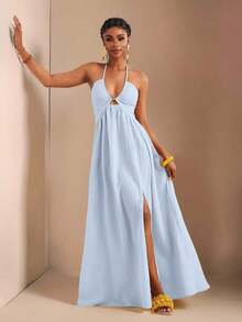 New Spring And Summer Casual Holiday Halter Neck Strapless Bust, Waist And Back A Swing Skirt With High Slit On The Front To The Thigh, Yellow Sea Stripe Women's Extra Long Dress-B Baby Blue Dress,Sun Dresses For Women - Màu xanh lam - Xem 3