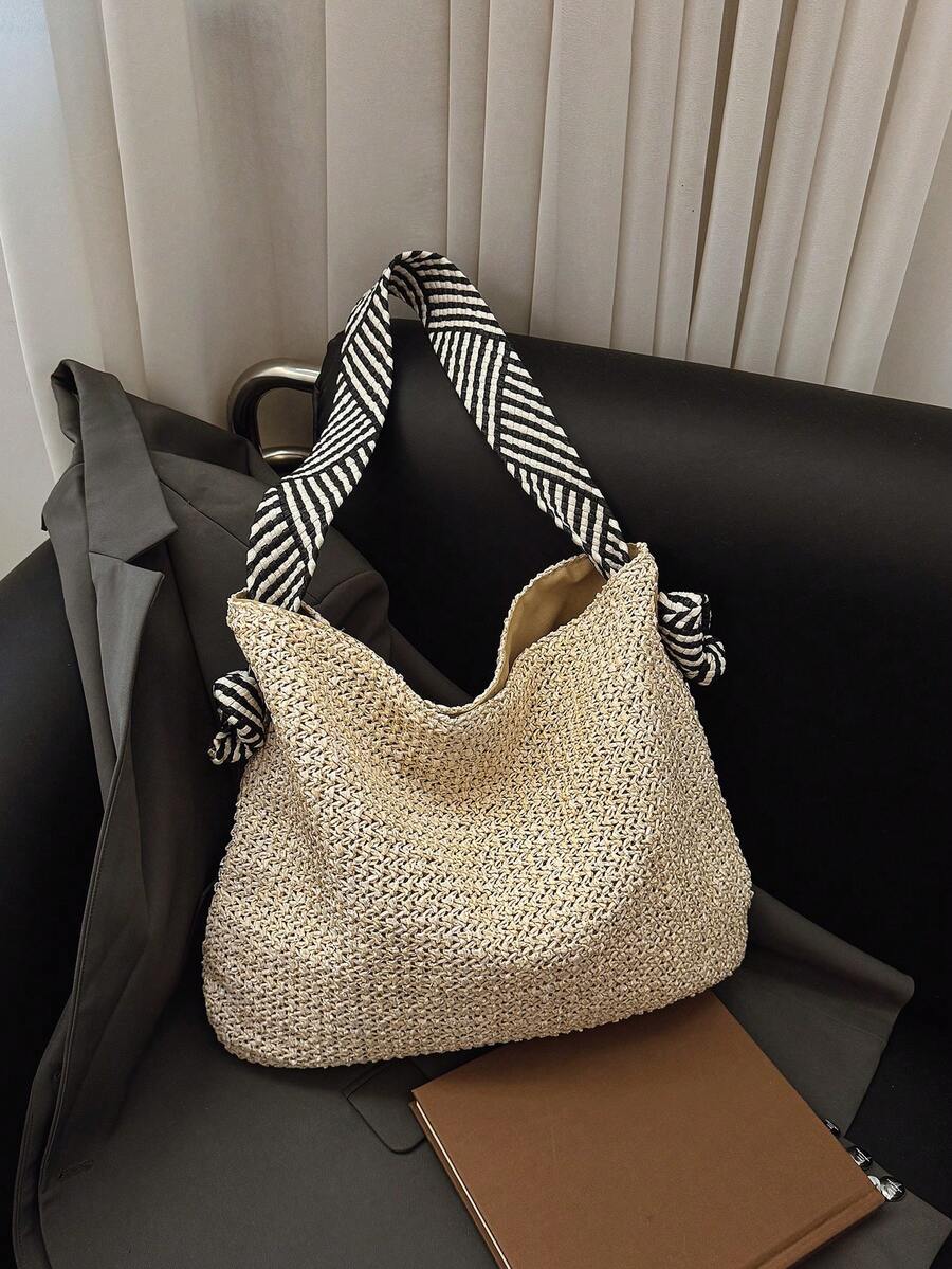 女士新款草编手提包，大容量草编手提包，时尚百搭大容量手提包，沙滩海边夏季通勤百搭编织包，度假复古简约休闲度假风 - 彩色 - 查看 1