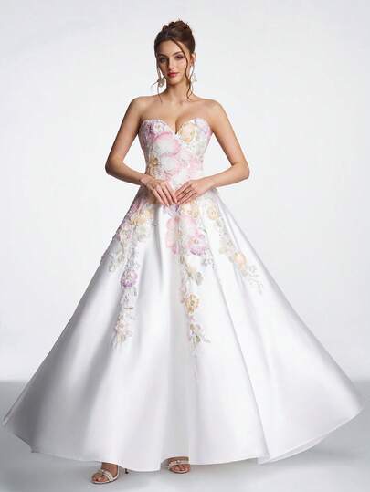 Anymoon Damen elegantes 3D Blumen Pailletten & Perlen trägerloses Abendkleid Hochzeit