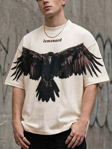 Fractyr 男款正反面印花「High Fly」烏鴉圖案 T-shirt，柔軟觸感街頭風寬鬆短袖 T-shirt，High Fly 鷹嘻哈休閒夏季上衣 - 白色 - 查看 2