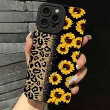 Sunflower & Leopard-Print Pattern Phone Case, Anti-Drop Cellphone Protective Case, Total Protective Shockproof Mobile Phone Cover For IPhone 15 Pro Max 14 13 - Black - View 3