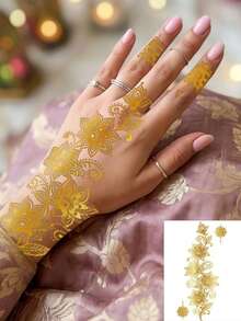 4 Sheets Glitter Hand Temporary Tattoos Gold Henna Tattoos Metallic Hand Tattoo Mandala Stickers For Body Makeup Performance Summer Travel Beach Rave Accessories Wedding Party - Gold - View 5