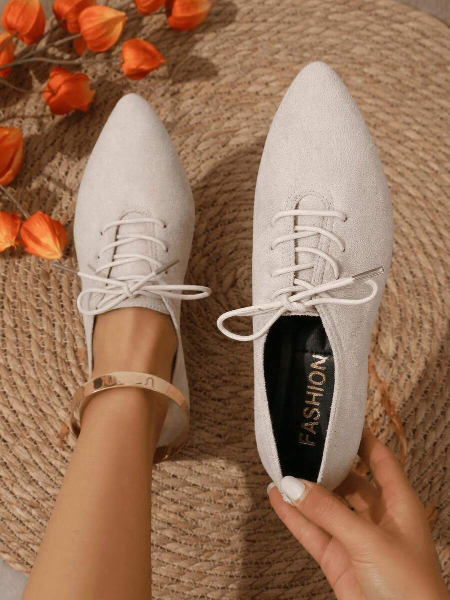 Women's Pointed Toe Lace-Up Low Heel Shoes, Beige Suede Material, Wear-Resistant Rubber Sole, 2026 Spring/Autumn New Arrival, Suitable For Office, Outdoor, Commuting, Daily Wear - Beige - View 1