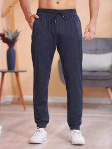 Men's Gym Pants Made Of Lightweight, Breathable, Bouncy, Cool Silk Fabric. - Navy Blue - View 4