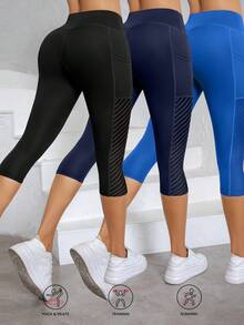 3pcs High Waist Yoga Capri Pants For Women - Breathable, Stretchy, Butt Lifting Workout Leggings With Pockets, Polyester Blended Fabric, Suitable For All Seasons Sports - Multicolor - View 1