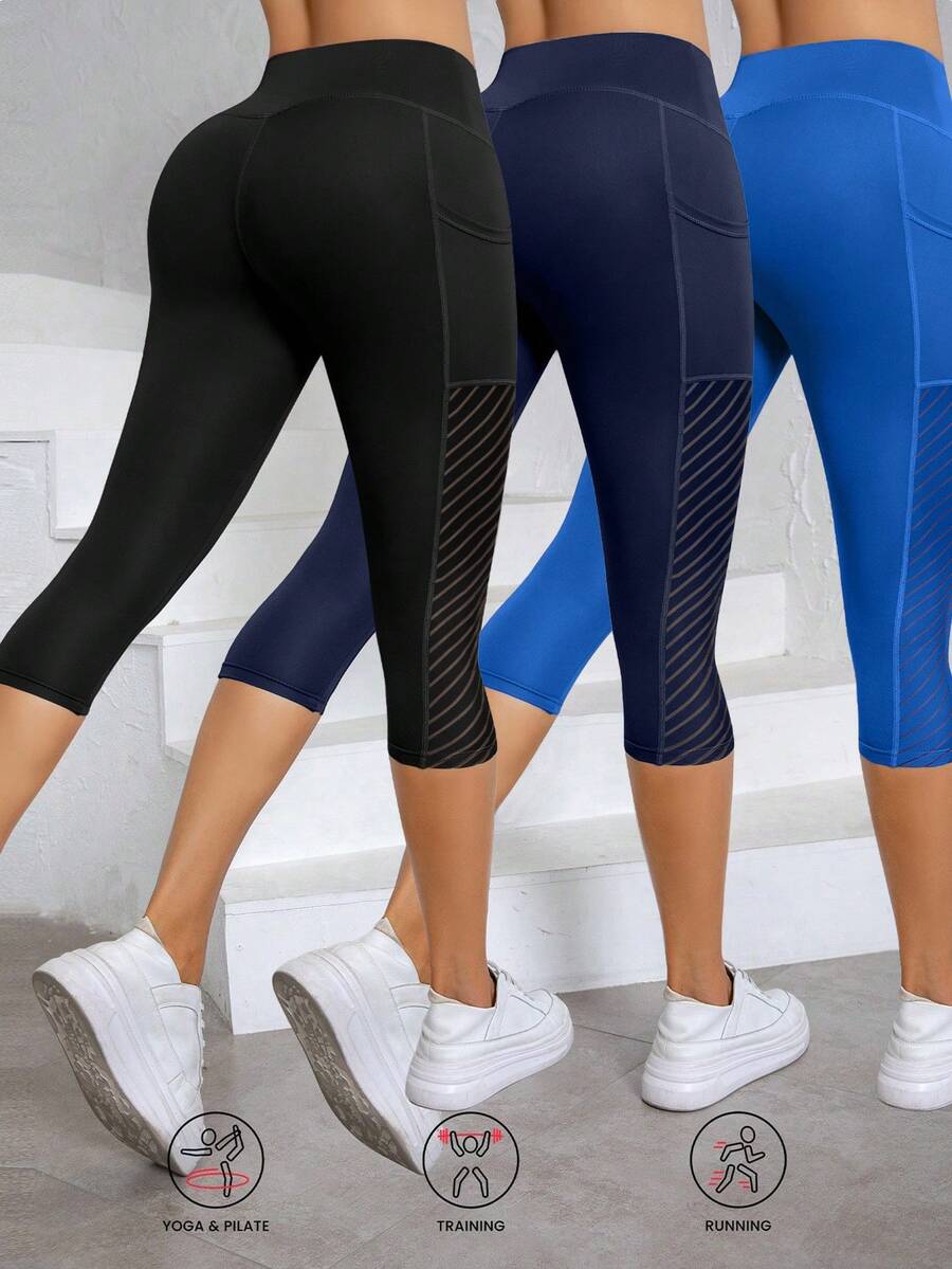 3pcs High Waist Yoga Capri Pants For Women - Breathable, Stretchy, Butt Lifting Workout Leggings With Pockets, Polyester Blended Fabric, Suitable For All Seasons Sports - Multicolor - View 1