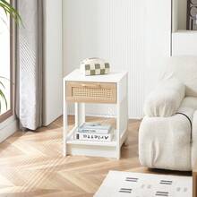 Rattan Side Table With Drawer, Modern Bedside Table, Side Table For Living Room, Bedroom, White - H55/W40/D40 Cm - White - View 3