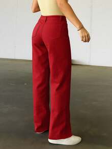 Pantalones de mezclilla rojos de pierna recta con bolsillos de tela sin estiramiento casual para tallas grandes - Rojo - Ver 5