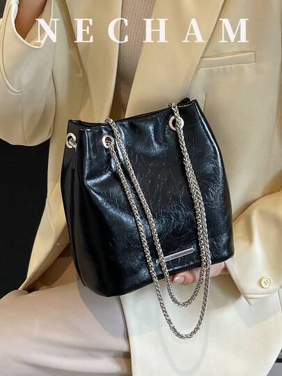 1pc Elegant Solid Color Lacquered Leather Tote Bag, Large Capacity Versatile Shoulder Bag For Shopping & Commuting