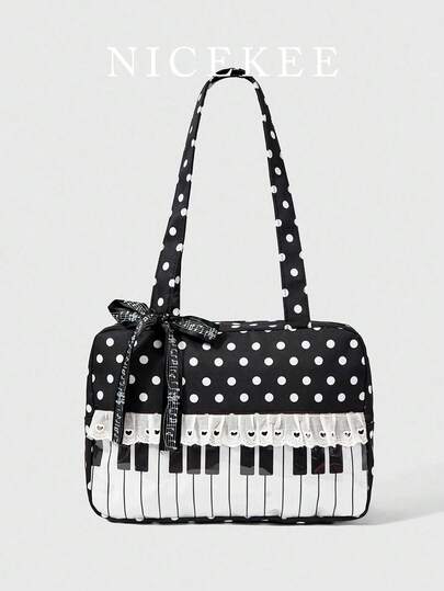 Black And White Polka Dot Piano Key Shoulder Bag, Lace Note Bow Design, Sweet And Casual Multifunctional Shoulder Bag, College Style Daily Commuting, Personalized And Multifunctional Suitable For Students, Shopping, Etc.