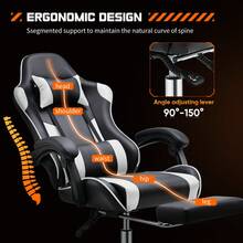 Ideo Game Desk Chair - Ergonomic Computer With Footrest And Comfy Lumbar Support, PU Leather Recliner With Headrest, Fixed Up Armrest - Black and White - View 7