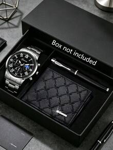 Set Hadiah Bisnis Mewah 3 Buah untuk Pria, Termasuk 1 Jam Tangan Stainless Steel Moonphase Warna Perak-Hitam, 1 Dompet Pendek Beremboss, dan 1 Pulpen Tanda Tangan Bisnis - Perak - View 8