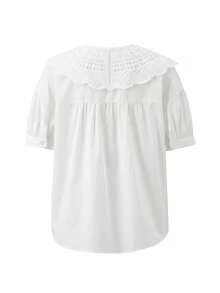 ii Blus Lengan Pendek Longgar Berkerah Peter Pan, Serbaguna untuk Wanita, Warna Putih, Musim Panas - Putih - View 7