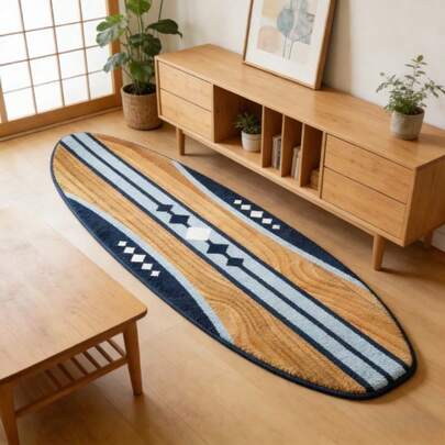 1 pieza Alfombra con forma de tabla de surf con rayas geométricas, alfombra lateral de imitación de lana, alfombra decorativa, decoración de dormitorio, alfombra pequeña, alfombra, decoración del hogar, alfombra de sala de estar, alfombra pequeña de sala de estar, alfombra de dormitorio, decoración del hogar de sala de estar, alfombra de exterior, alfombra lavable