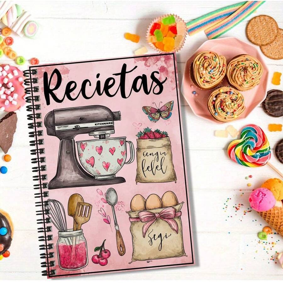 Hand-Painted Cute Baking Elements Recipe Spiral Notebook, Exclusive For Home Chefs To Record, Can Be Used As Kitchen Diary, Cooking Plan, Or Memo Pad, Exquisite Cover Design, Suitable For Self-Use Or Gift Giving! - K - View 1