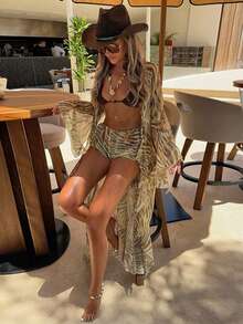 4pcs Leopard Print Casual Lace-Up Beach Vacation Summer Swimsuit Set, Long Sleeve Rash Guard For Women - Green - View 7