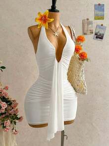 Vestido mini casual de vacaciones para mujer con escote en V profundo, cuello halter con lazo, y drapeado.Adecuado para la playa, cruceros y festivales de música en verano - Blanco - Ver 7