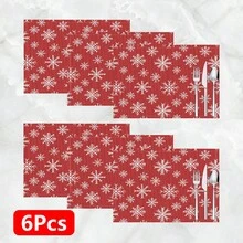 1件/4件/6件/8件装红色雪花图案亚麻餐垫，适用于餐桌，四季皆宜，现代可水洗餐垫，房间装饰，杯垫，厨房餐垫，室内外派对装饰，家居装饰，理想礼品 - 彩色 - 查看 12