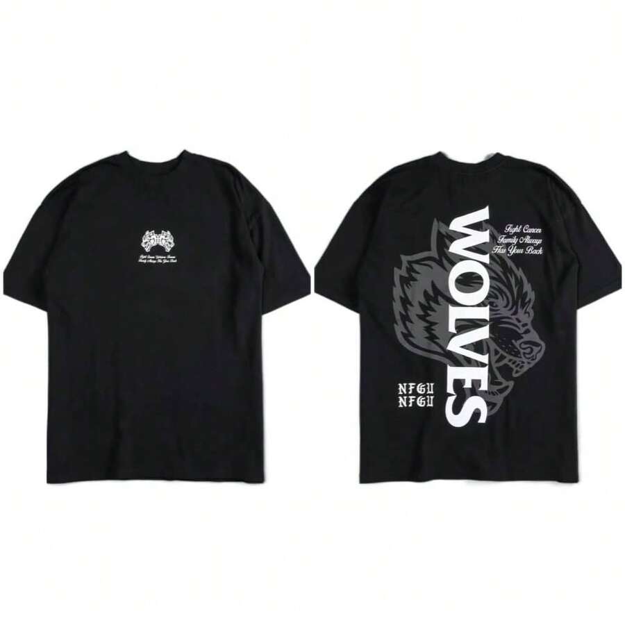 Darcsport T-Shirt, American  Brand, Classic Wolf Head Print, Pure Cotton Short-Sleeve T-Shirt, Loose Fit, Unisex, Plus Size - 黑配黑 - 查看 1
