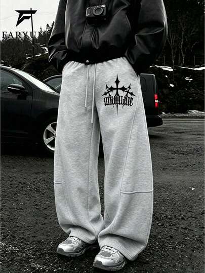 Men's Letter Print Drawstring Waist Pockets Casual Loose Sweatpants, Gray Loose Fit Sports Pants