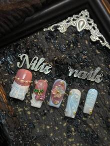 10pcs Handmade Fully Covered Square Nails Acrylic Kit, Light Blue Nails, Light Blue Tie Dye, White&Light Blue French Nails, Hand Drawn Three-Dimensional Water Ripples&Water Droplets - Baby Blue - View 7