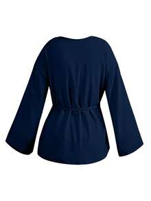 Women's Autumn New Minimalist Long Sleeve Tie-Front Shacket, Suitable For All Seasons - Royal Blue - View 3