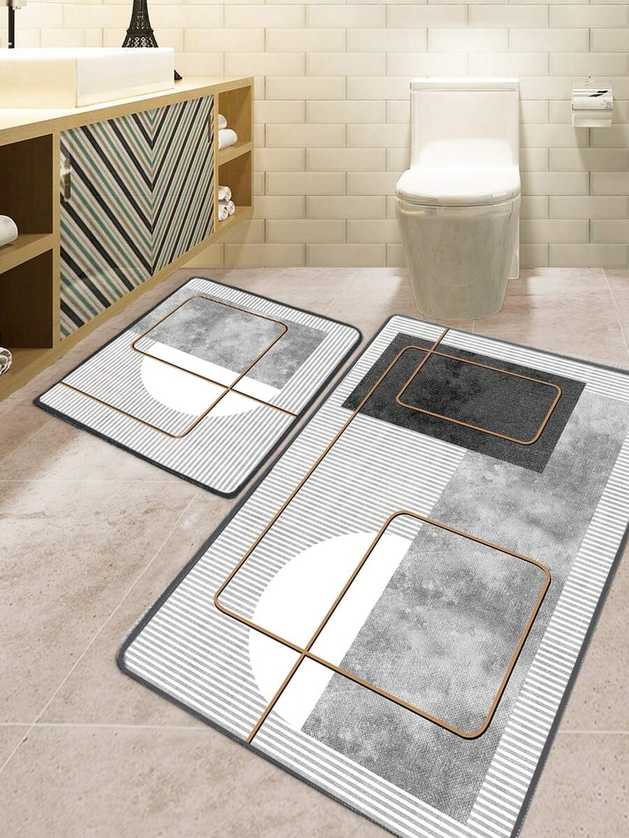 2pcs Solid Color Non-Slip Bathroom Mat Set, Soft Absorbent Bath Rug & U-Shaped Toilet Floor Mat- 60*100 和 50*60 - 土耳其製造 - 淺灰色 - 查看 1