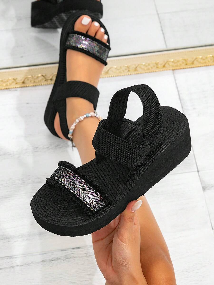 Women's Summer Sandals, Platform Wedge Sandals, Slip-On Sandals, Black Sandals, High Heel Sandals, Elastic Strap Colorblock Open Toe Beach Shoes, Minimalist - Black - View 1