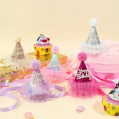1pc Mini Birthday Hat Headband, Tulle Cone Hat Christmas Happy Hat Headband Glitter Mini Santa Hat Birthday Decor, Suitable For Birthday, Christmas, Holiday Parties, Singles Party Headwear