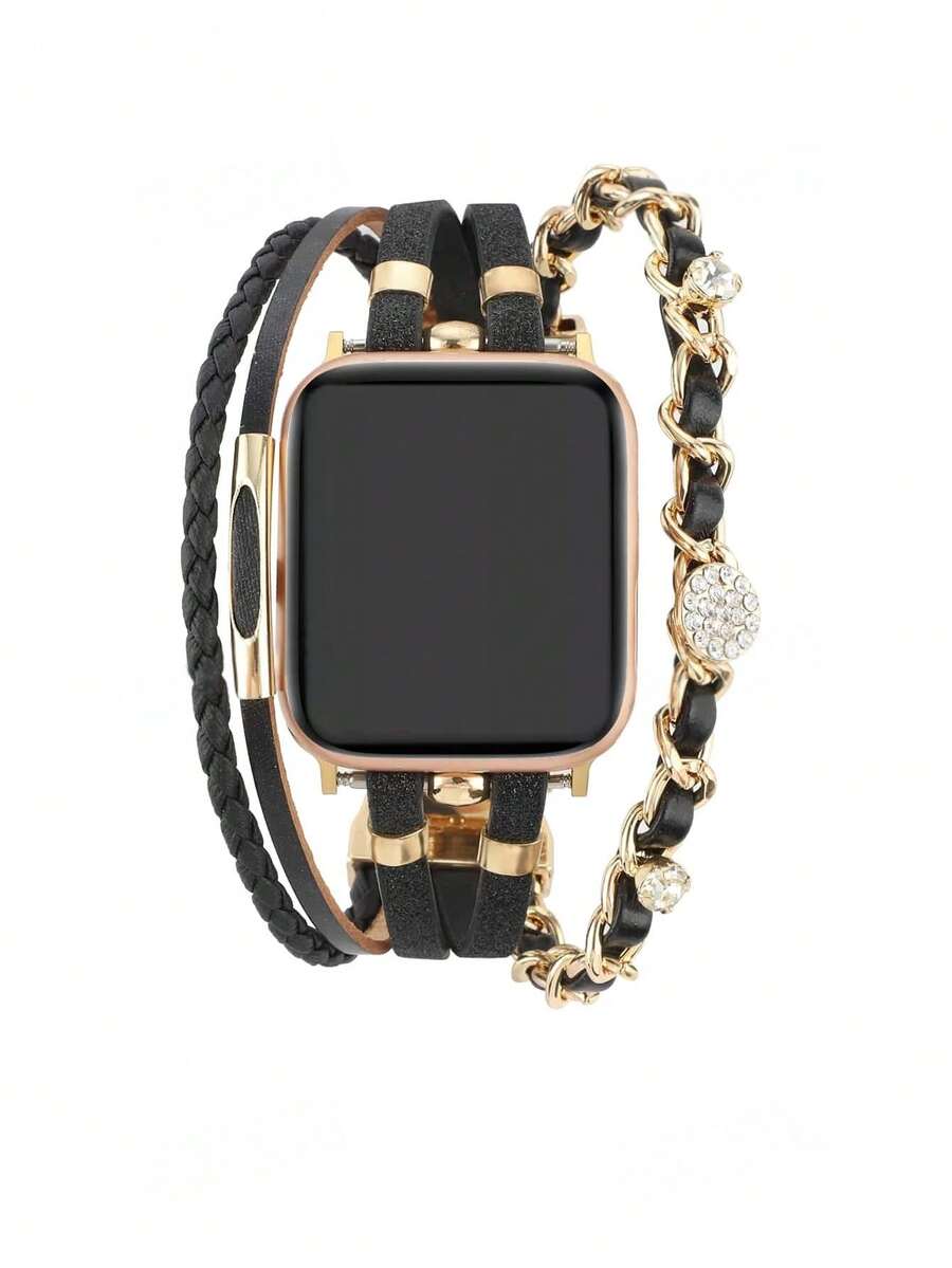 Applicable To Compatible With Apple Watch Stainless Steel Spliced Genuine Leather Multi-Element Jewelry Strap - Multicolor - View 1