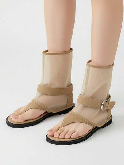 2026夏季新款网眼趾带厚底凉鞋，中筒平底搭扣凉鞋，百搭女鞋