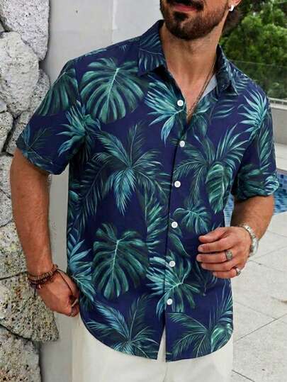 热带树叶印花短袖衬衫，加大码男士，宽松休闲沙滩度假装