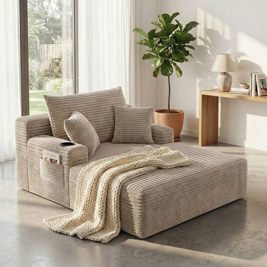 65inch Chaise Lounge Chair Indoor,Boneless Couches For Living Room With Cup Holder ,Wide Armrest & Throw Pillows,Reading Chair For Adults,Small Sofa Bed Couch For Living Room,No Assembly Required,Beige - Màu be - 65 inch - Xem 1