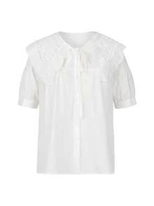 ii Blus Lengan Pendek Longgar Berkerah Peter Pan, Serbaguna untuk Wanita, Warna Putih, Musim Panas - Putih - View 6