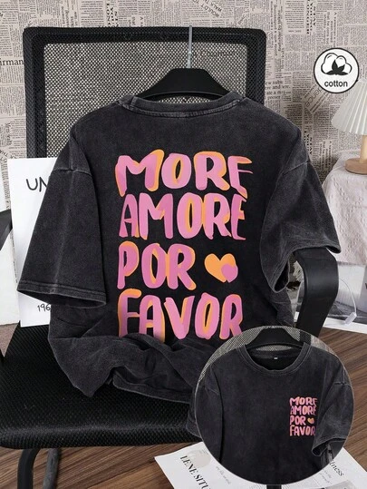 Áo thun nữ mùa hè Es Trus Cotton in họa tiết ngộ nghĩnh phong cách hiphop "MORE AMORE POR FAVOR" hình trái tim, in hình ngày Valentine, phong cách đường phố Hàn Quốc retro, thời trang cơ bản, phù hợp đi làm, phong cách Y2K, màu đen ôm sát, cổ tròn, tay ngắn, đã giặt.