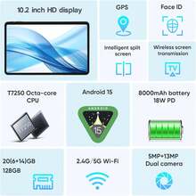 TenYide Tablet Android 10,1 inci, versi penyimpanan 128GB/256GB, cocok untuk pembelajaran elektronik anak-anak dan membaca e-book orang dewasa, dengan fungsi panggilan telepon, kamera depan & belakang, dual SIM, Bluetooth, GPS, WiFi. - Purple - View 3
