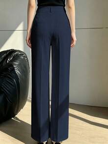 Women's High-Waisted Pleated Loose Fit Trousers, Suitable For Work And Casual Wear, Navy Blue, Spring/Summer - Navy Blue - View 4