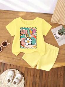Conjunto de top de manga corta y pantalones cortos con estampado de dibujos animados para niñas jóvenes - Amarillo - Ver 3