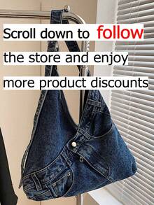 Street-Style Canvas Patchwork Tote Bag Features An Adjustable Shoulder Strap, Multiple Pockets, And A Triangular Design, Making It Suitable For Teenagers, Young Adults, And Working Professionals. Lightweight And Versatile, It's An Ideal Choice For Commuting And Shopping Trips. - Royal Blue - View 2