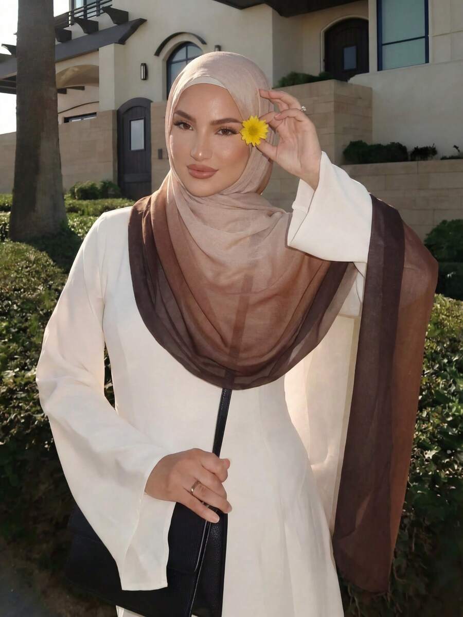 1 pieza Bufanda impresa con degradado de caqui a blanco para mujer, chal de protección solar, elegante y multifuncional, adecuado para uso diario, también se puede usar como accesorio de vestir, esencial para vacaciones y viajes - Marrón caqui degradado - Ver 1