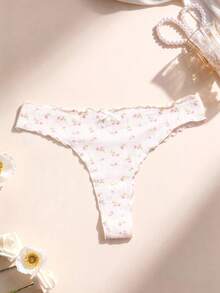 1件碎花丁字裤，可爱花朵贴花蝴蝶结装饰，女士内衣 - 彩色 - 查看 1