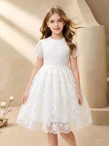 Đầm ren trắng tay ngắn cổ tròn cho bé gái, đầm ren trắng mùa xuân/hè cho bé gái, thanh lịch và duyên dáng, thích hợp cho đám cưới, tiệc tùng, họp mặt và các dịp khác, đầm công chúa. - trắng - Xem 4
