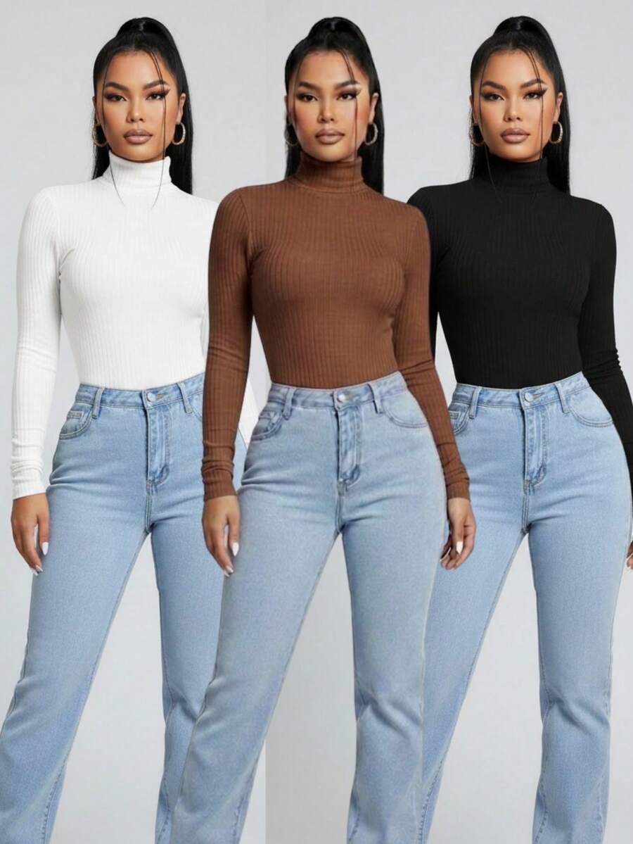 Set Of 3 Stylish Women's Premium Ribbed Turtleneck Sweaters With Long Sleeves, Warm, Long-Sleeved, Base Layer, Perfect For Winter, Mother's Day, And As A Gift. - 棕色 黑色 白色 - 查看 1