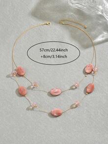 1pc Women's Fashionable Resin Crystal Beaded Double-Layer Long Necklace, Suitable For Daily Wear - Pinkish Brown - N1219 - View 3