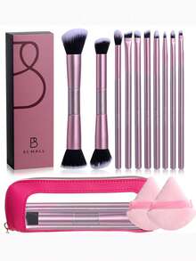 BS-MALL 10pcs Dual-Ended Purple Makeup Brush Set With Pink Triangle Pouch And Powder Puff, Precise Application, Non-Irritating, No Shedding - Mauve Purple - View 8