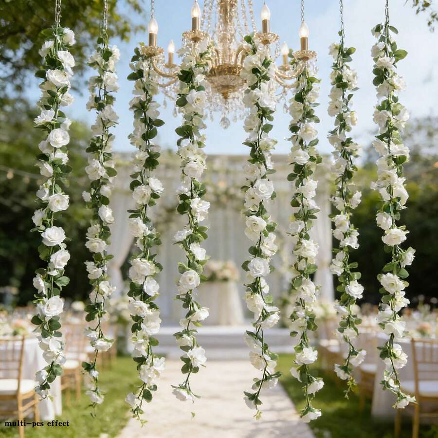 4/2pcs White Rose Eucalyptus Artificial Hanging Garland, With Roses And Leaves - Plastic Fake Flower Wreath, Suitable For Wedding, Mother's Day, Spring Indoor/Outdoor Decor, DIY Wedding Arch Decoration - Multicolor - View 1