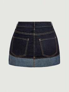 MOD Women's Casual Washed Color Block Patchwork Denim Mini Skirt - Giặt tối 2 - Xem 3