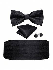 男士奢华黑色腰封套装，含领结、口袋巾和袖扣，四件套，适用于婚礼、派对、宴会、舞会等场合。 - 黑色 - 查看 1